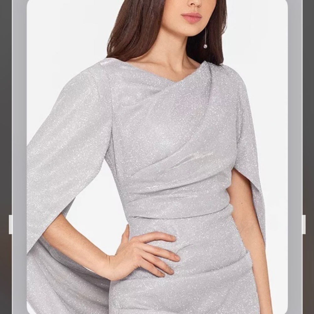 BETSY & ADAM Metallic Cape-Sleeve Drape Back V-back Gown in Taupe/Silver Size 4 - Picture 3 of 6
